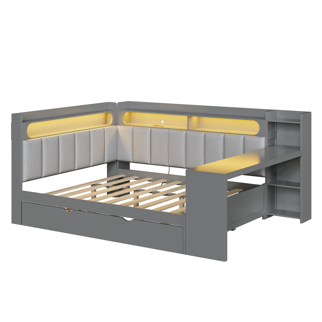 Grey Full Size L-Shaped Corner Bed with Trundle and Desk G7409