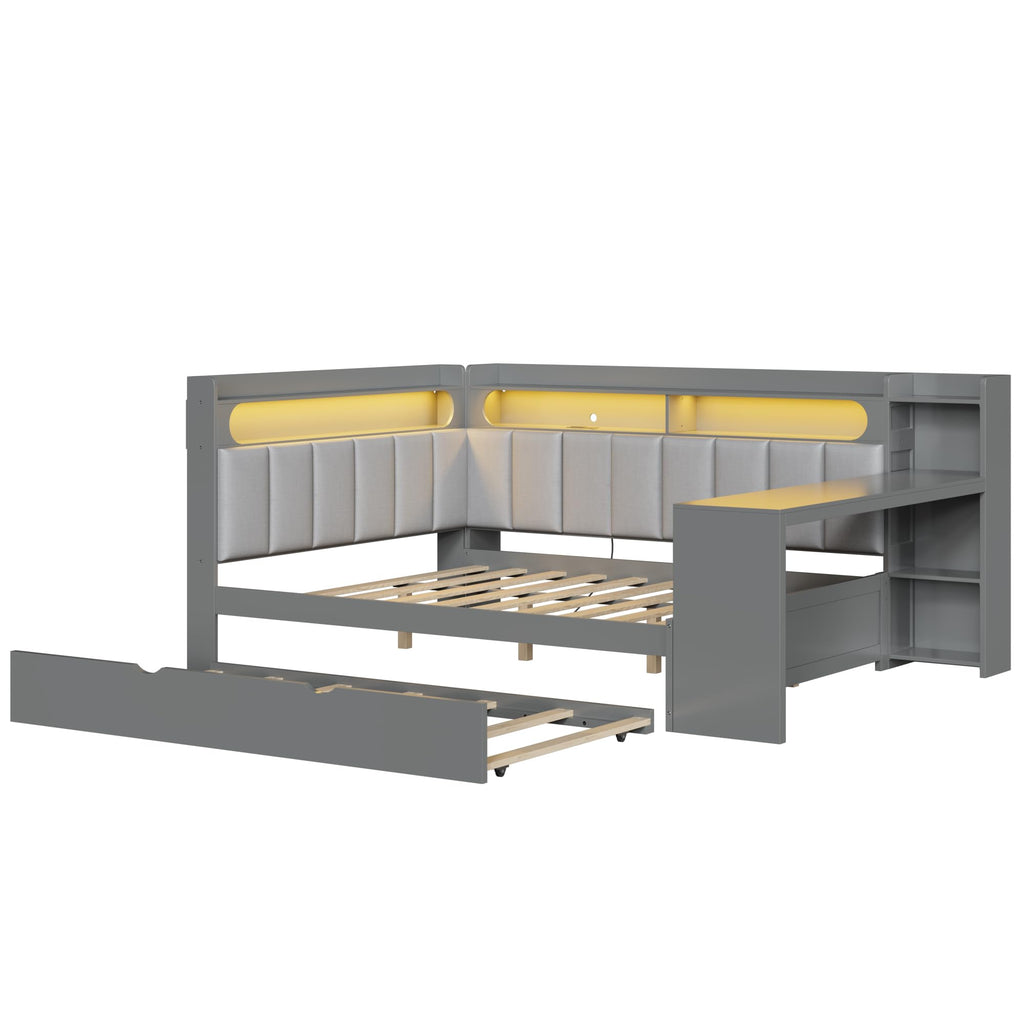 Grey Full Size L-Shaped Corner Bed with Trundle and Desk G7409