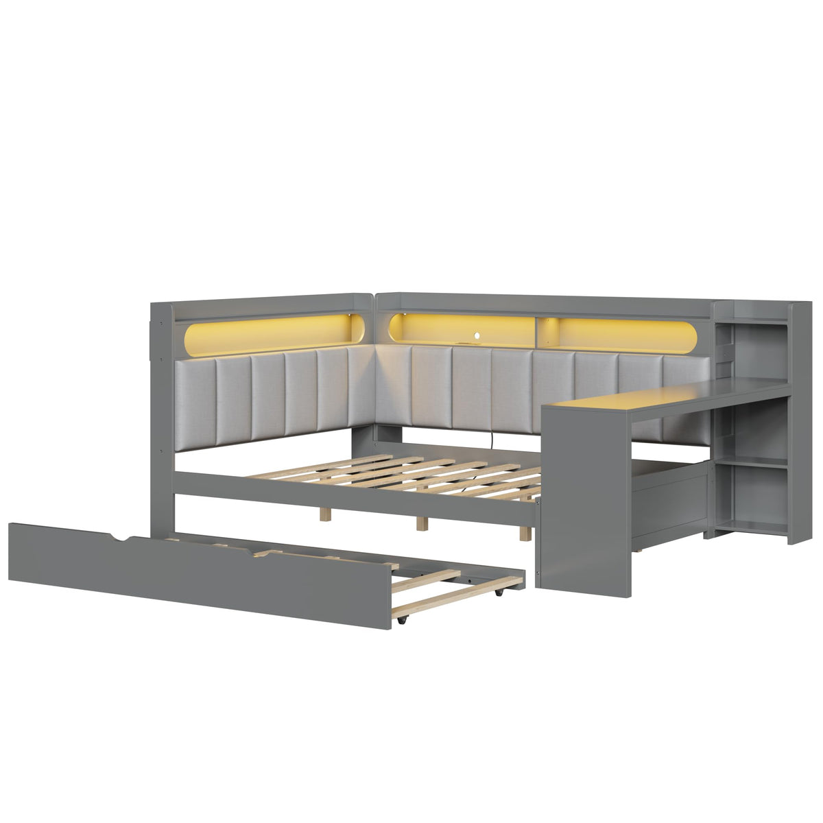 Grey Full Size L-Shaped Corner Bed with Trundle and Desk G7409