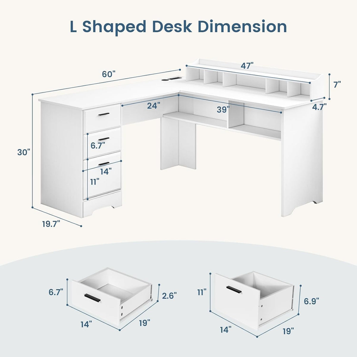 60" White L Shaped Desk with File Drawers K421