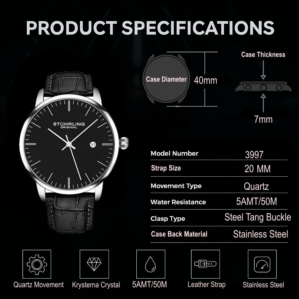 Men's 40mm Ultra Slim Leather Strap Quartz Analog Dress Watch M577