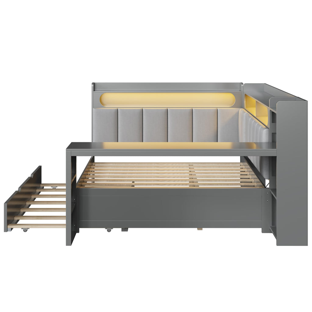 Grey Full Size L-Shaped Corner Bed with Trundle and Desk G7409