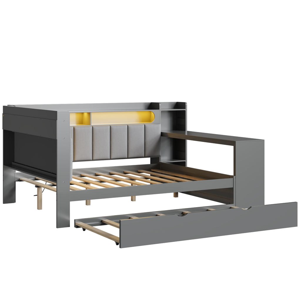 Grey Full Size L-Shaped Corner Bed with Trundle and Desk G7409