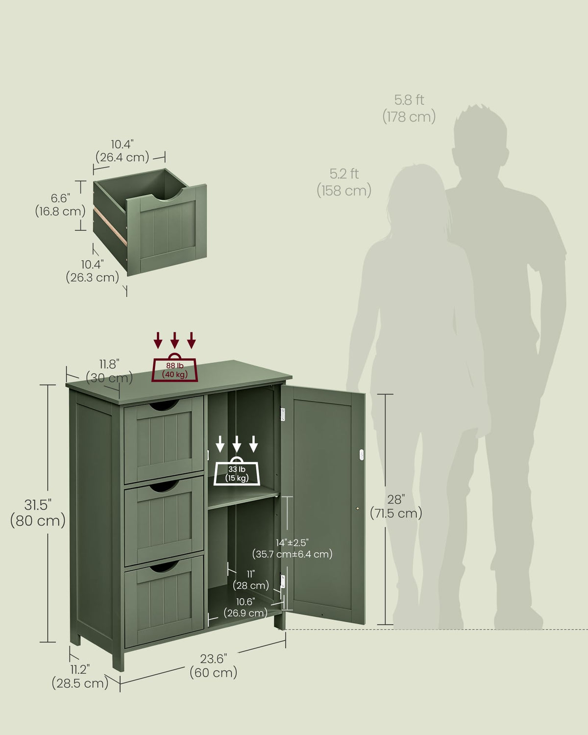 Forest Green 3 Drawer Bathroom Floor Storage Cabinet L64665