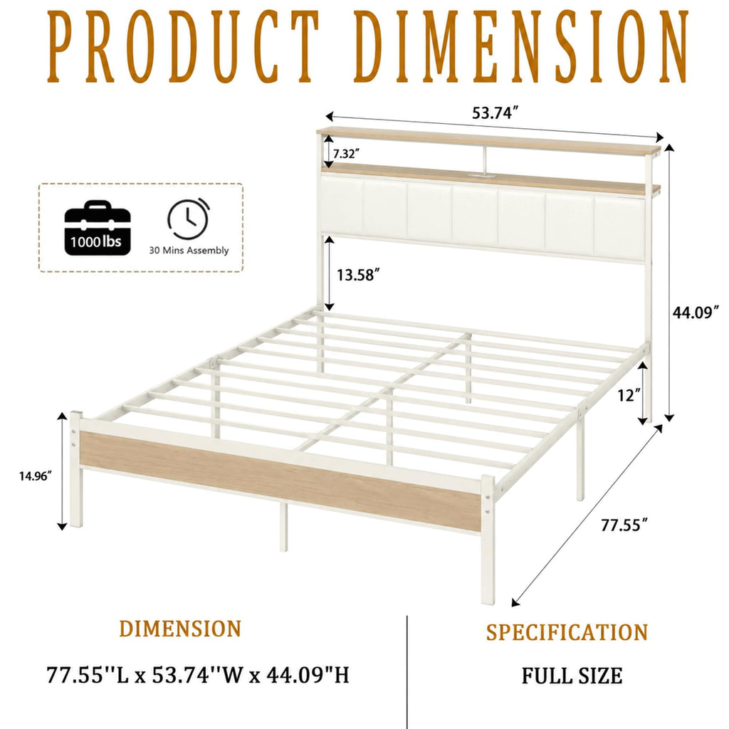 White Full Size Upholstered Platform Bed Frame with LED Lights and Storage Shelf S6439