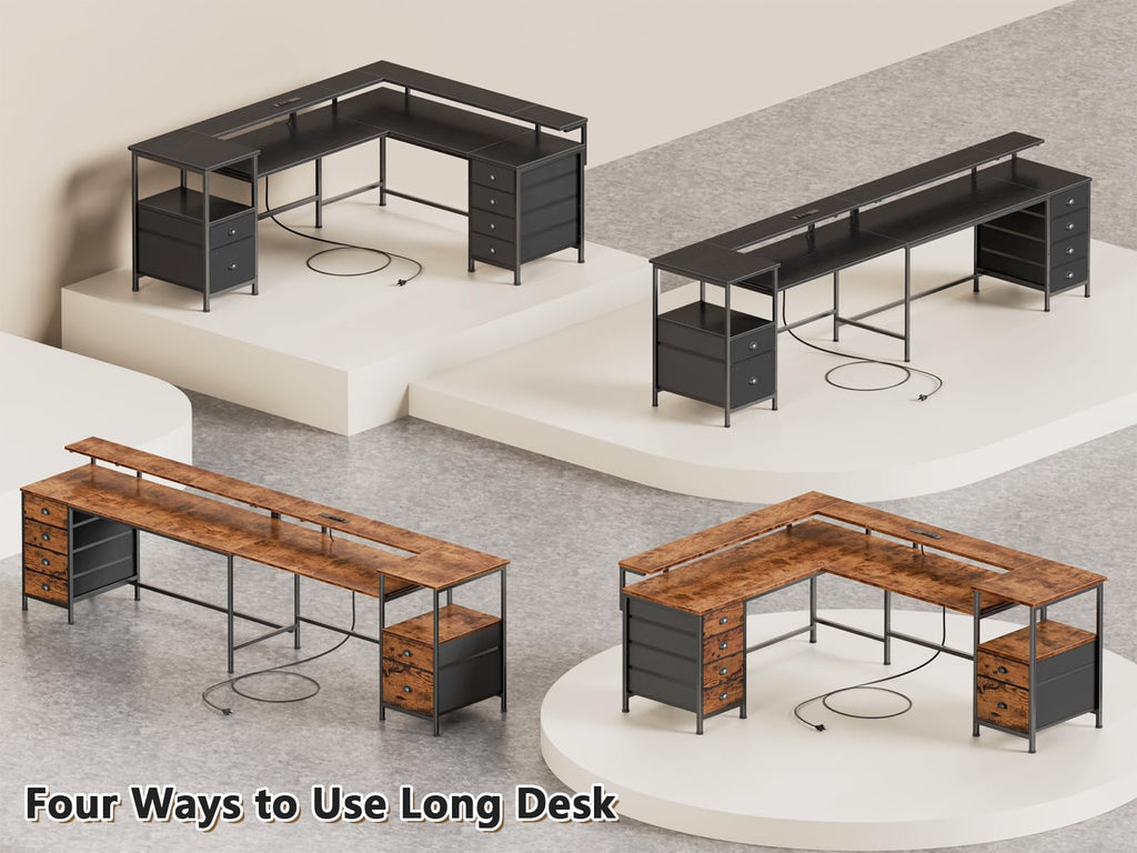 66'' L Shaped Gaming Desk with 6 Drawers, LED, Outlets, Black I52942