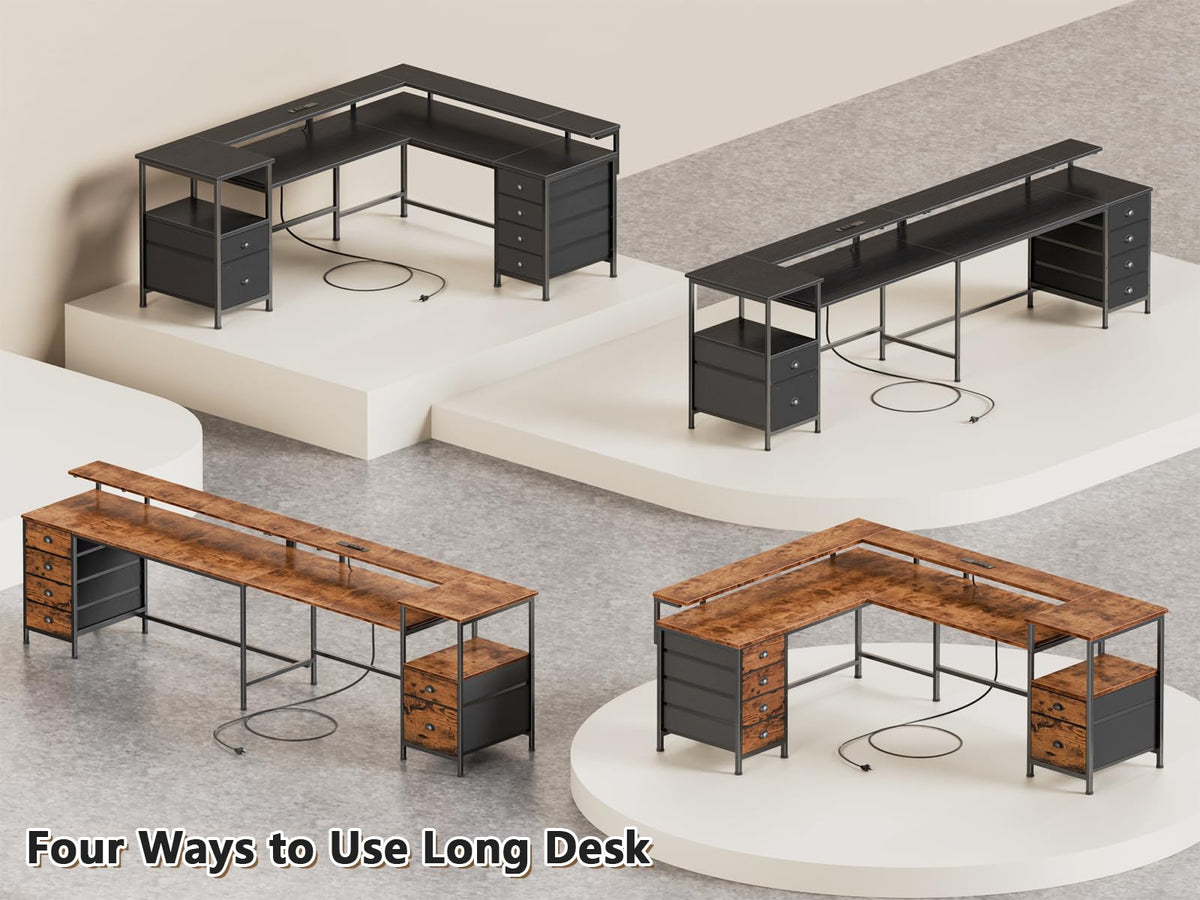 66'' L Shaped Gaming Desk with 6 Drawers, LED, Outlets, Black I52942
