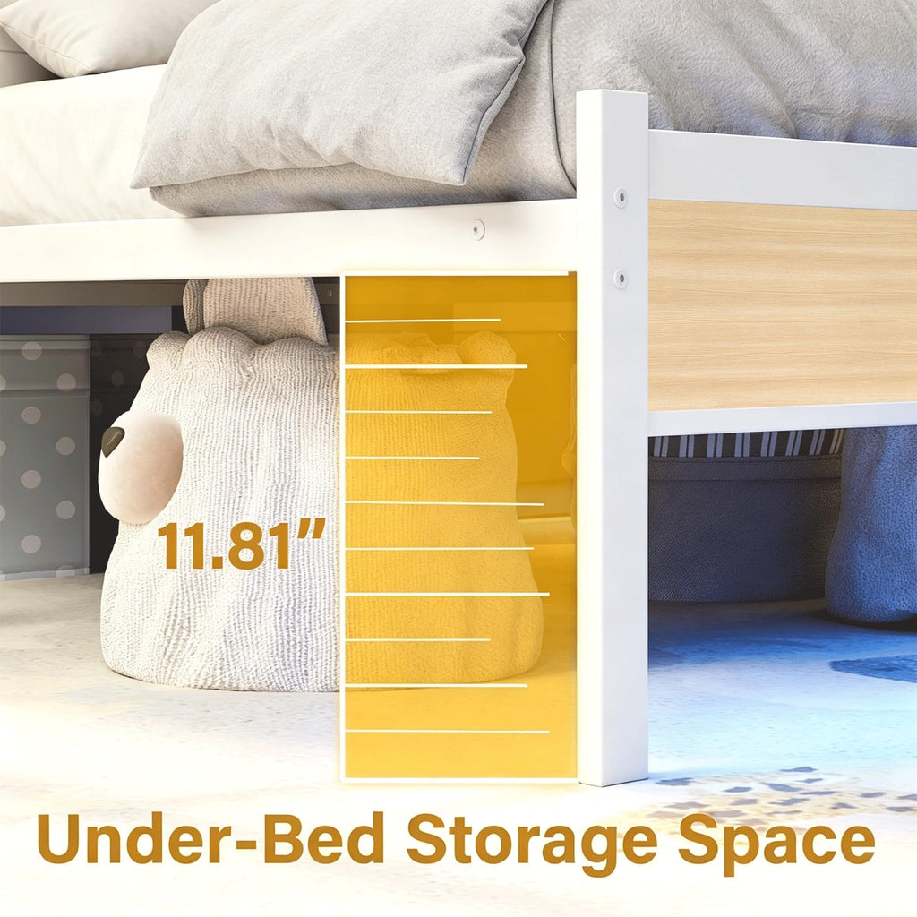White Full Size Upholstered Platform Bed Frame with LED Lights and Storage Shelf S6439