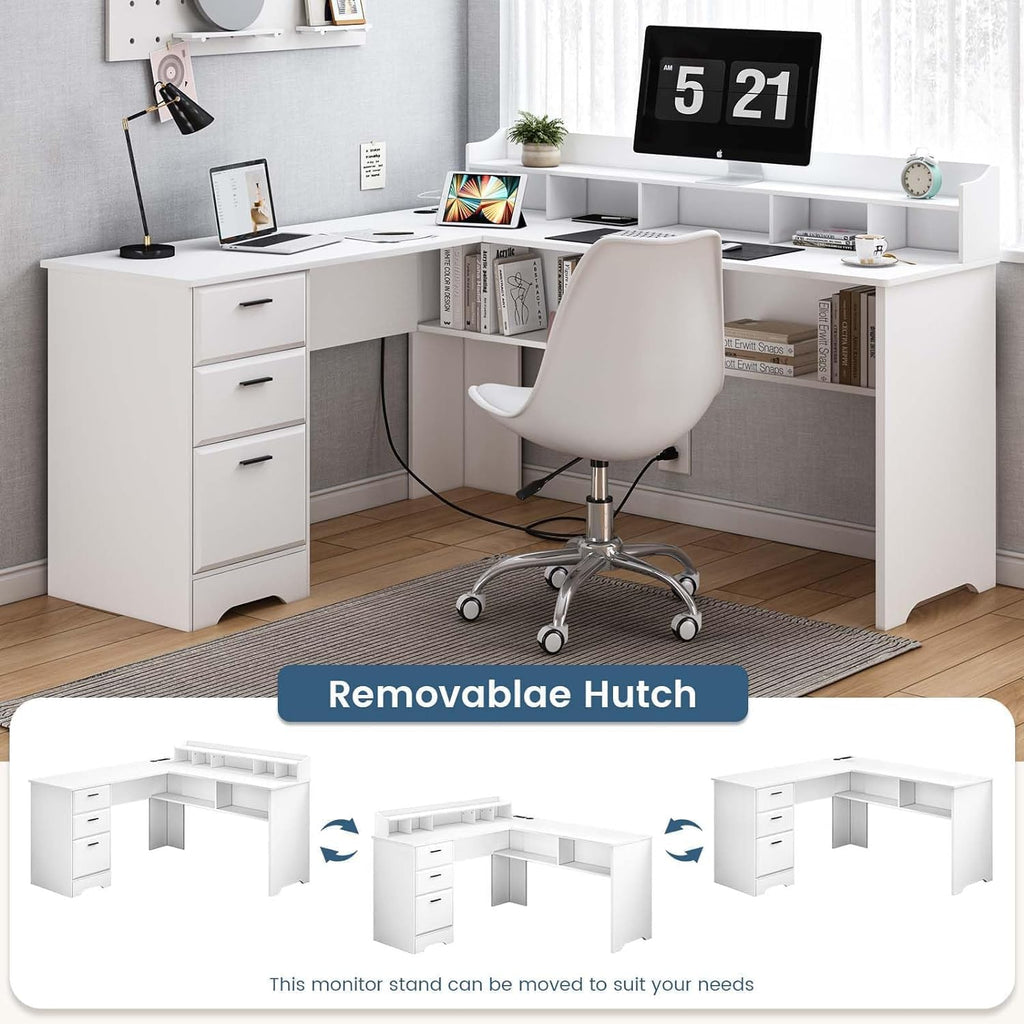 60" White L Shaped Desk with File Drawers K421