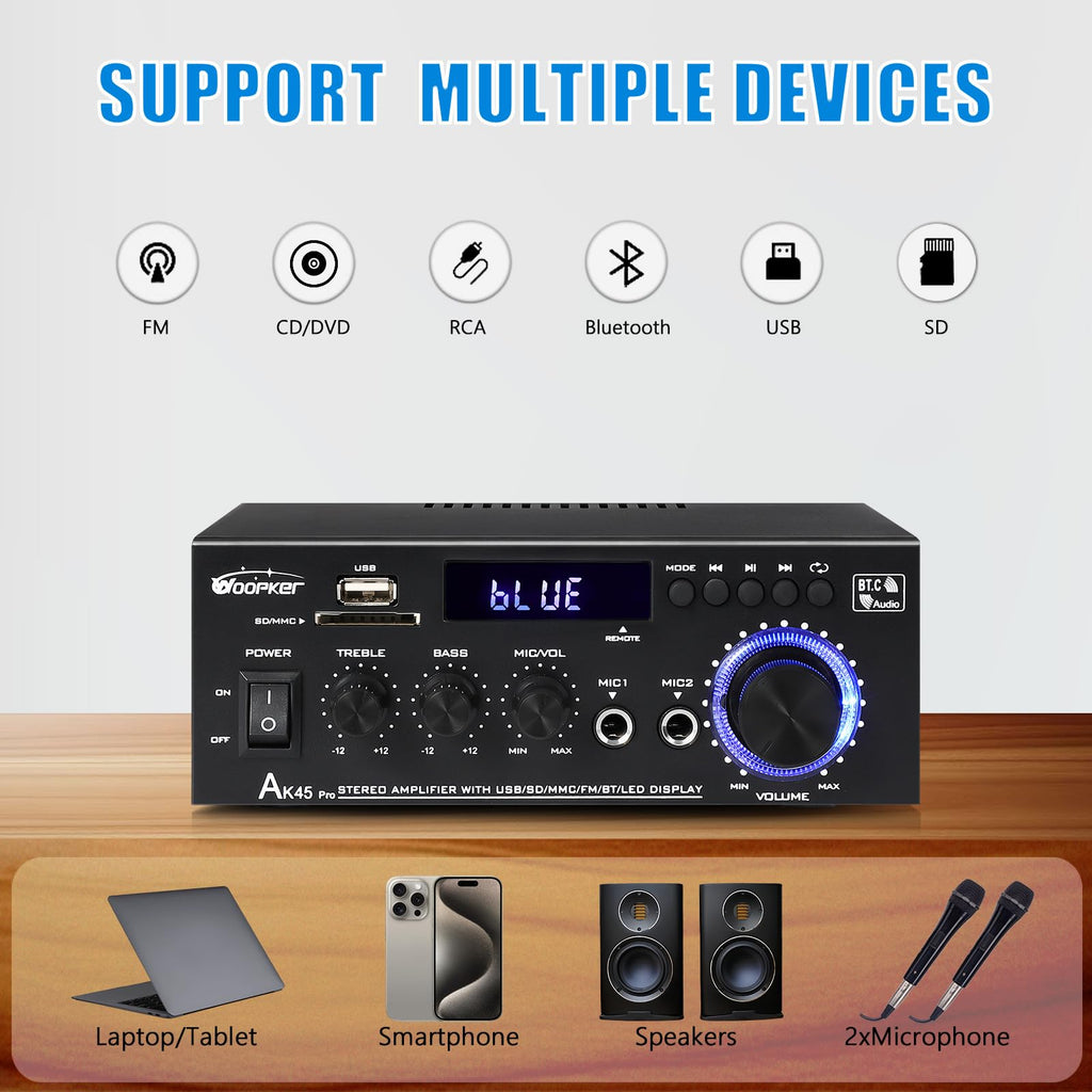 400W 2 Channel Bluetooth 5.0 Stereo Audio Amplifier V196