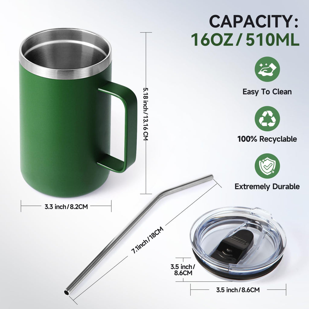 16oz Insulated Stainless Steel Coffee Mug with Lid and Straw N864