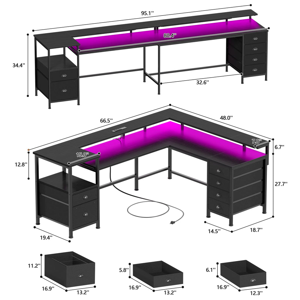 66'' L Shaped Gaming Desk with 6 Drawers, LED, Outlets, Black I52942