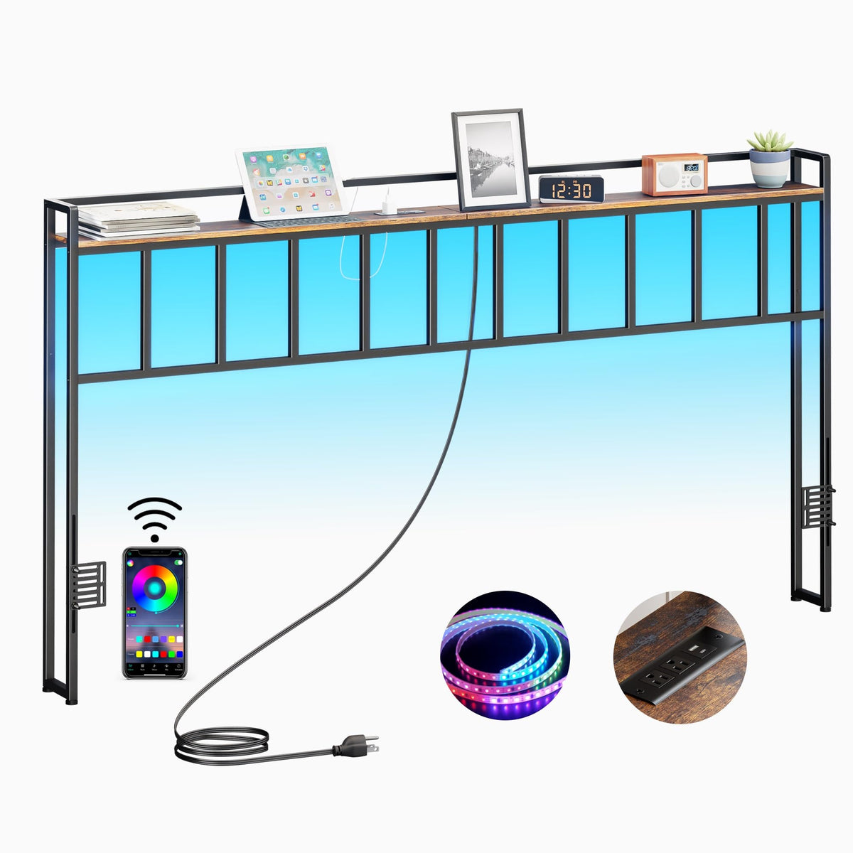 King Size Headboard with LED Light, Outlets and USB Ports, Storage Rack, Rustic Brown R82236