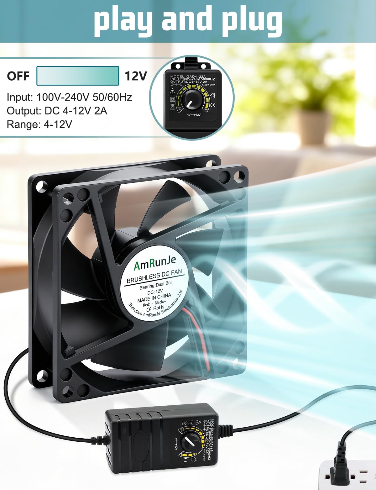 80mm 12v Small Computer Fan with AC Plug R12425