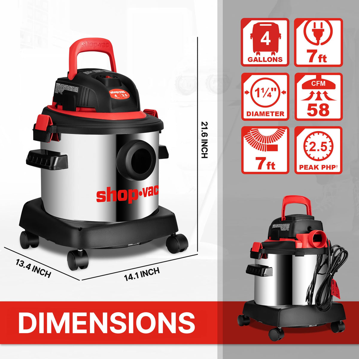 Wet/Dry Vacuum Cleaner, 4 Gallon, 2.5 Peak HP U924144