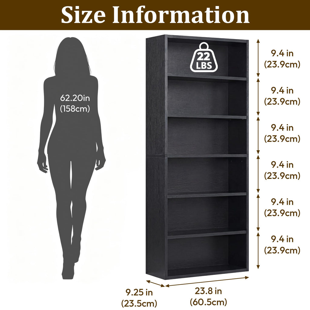Black 6 Tier Adjustable Bookshelf I5701
