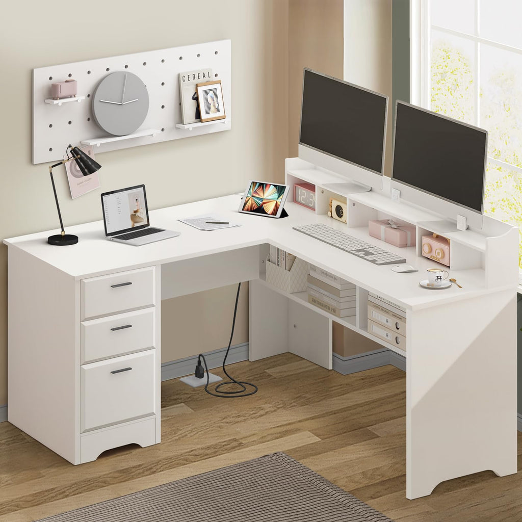 60" White L Shaped Desk with File Drawers K421