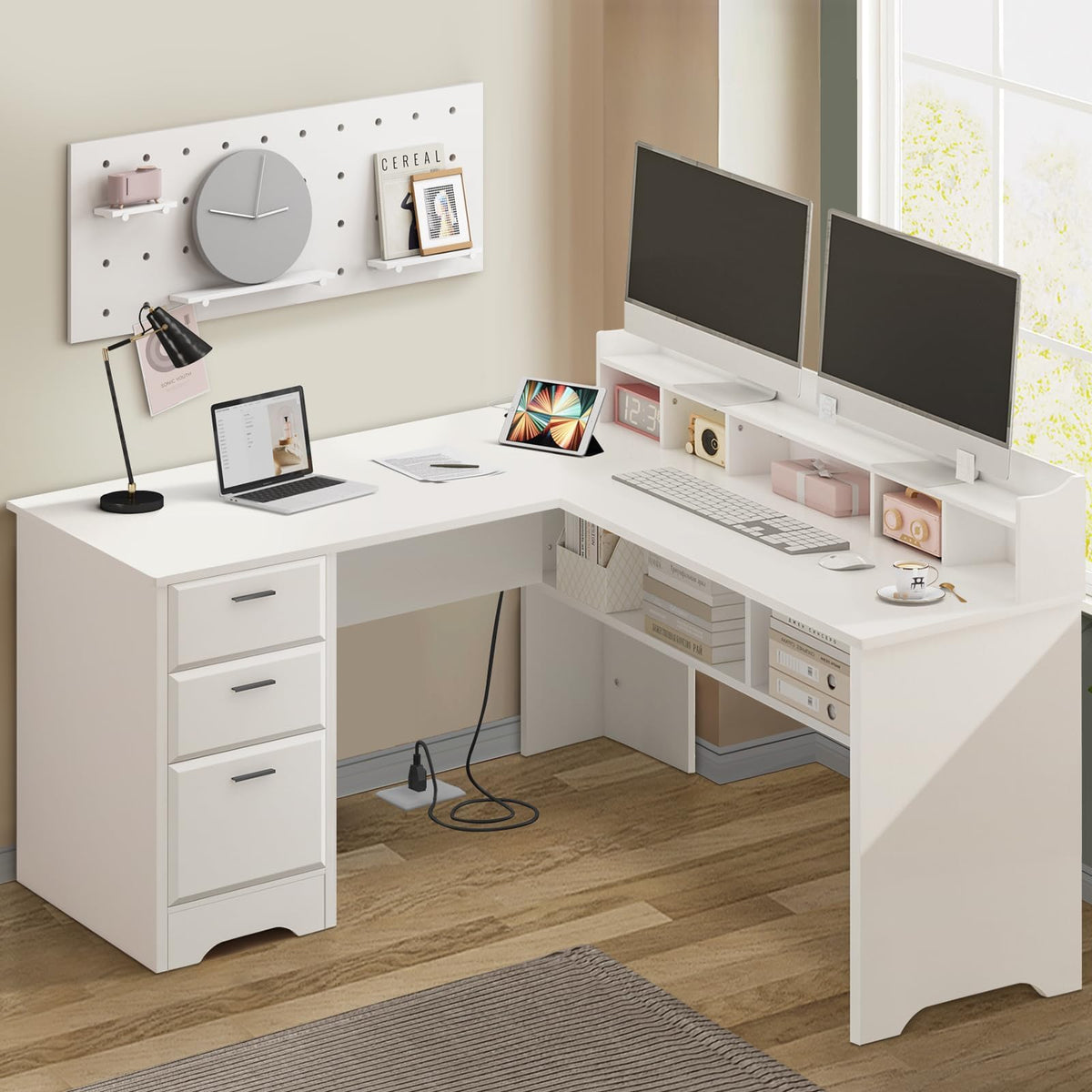 60" White L Shaped Desk with File Drawers K421