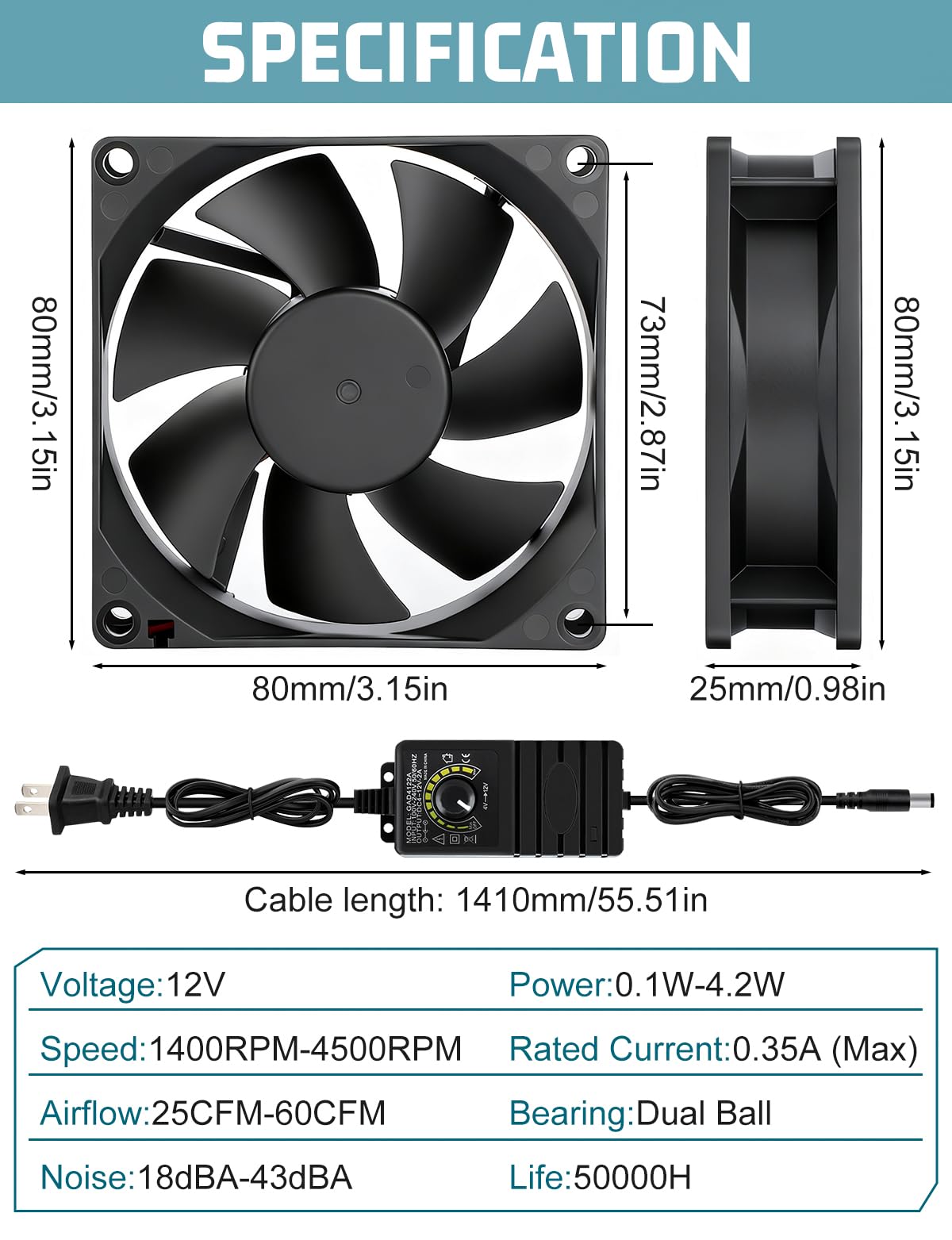 80mm 12v Small Computer Fan with AC Plug R12425