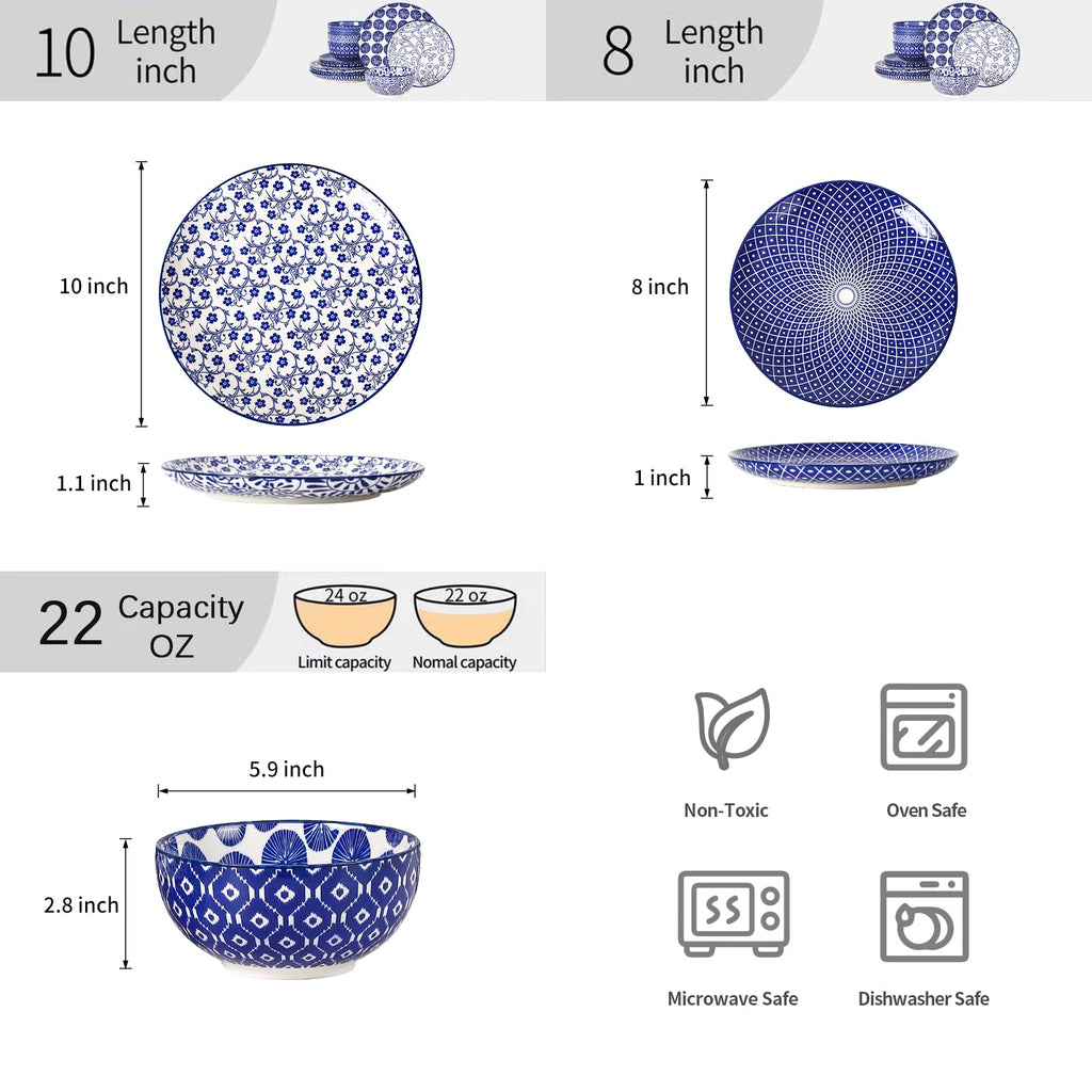 Ceramic Plates and Bowls Set, 12 Pieces Dinnerware Set for 4 G416