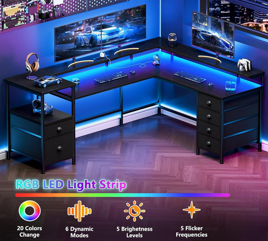66'' L Shaped Gaming Desk with 6 Drawers, LED, Outlets, Black I52942