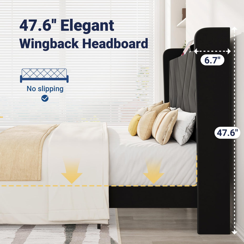 Queen Size Black Velvet Bed Frame with Charging and Shelf W5271