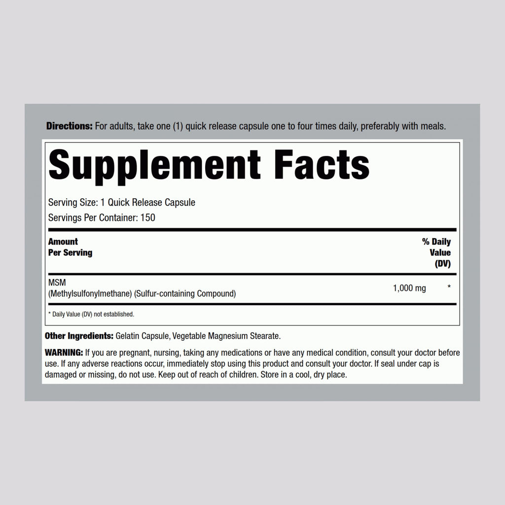 MSM Supplement 1000mg 150 Powder Capsules E455258