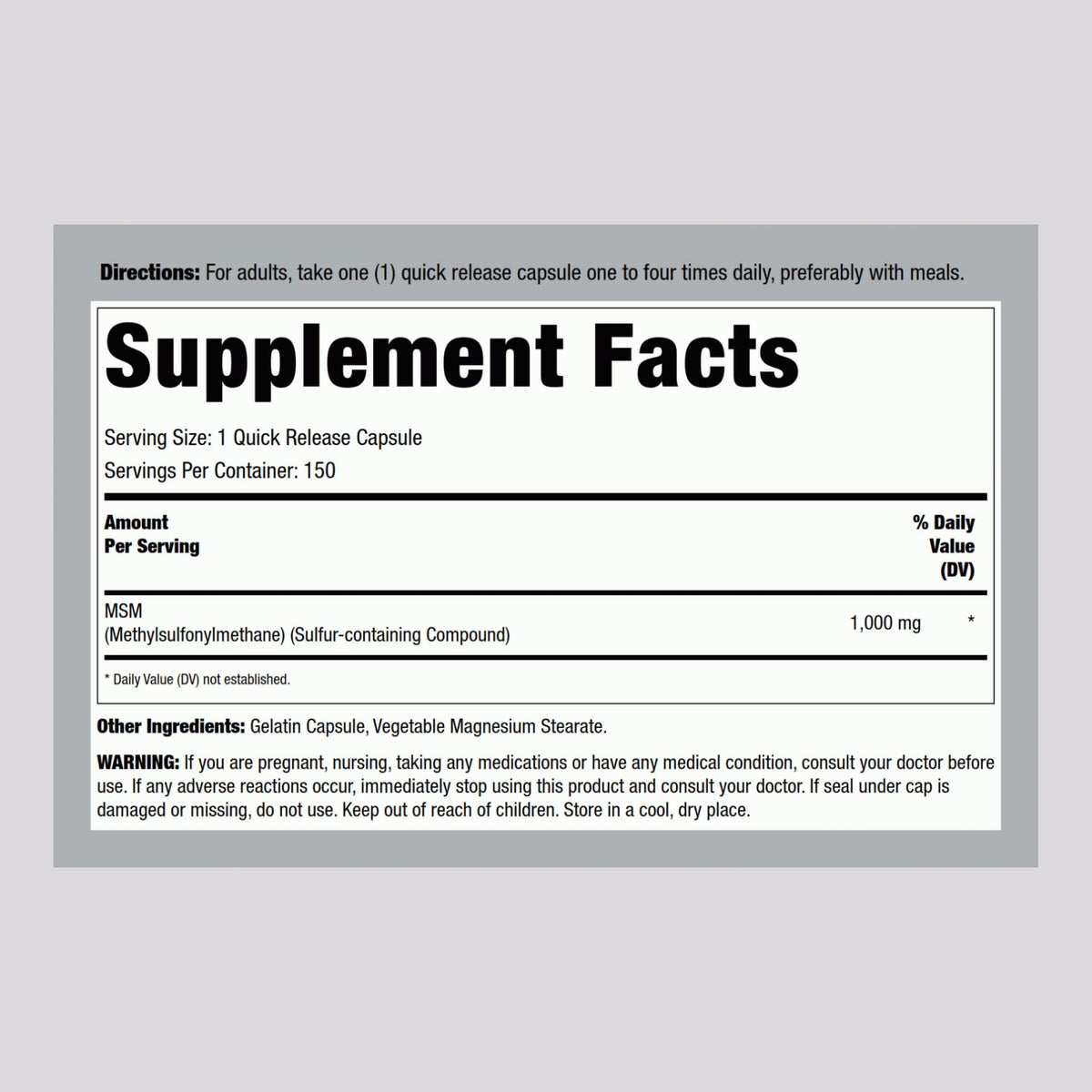 MSM Supplement 1000mg 150 Powder Capsules E455258