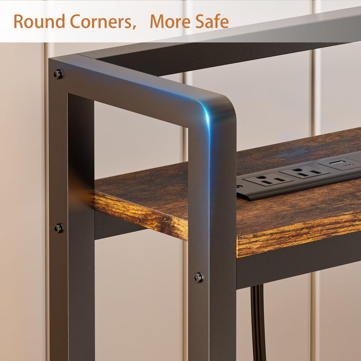 King Size Headboard with LED Light, Outlets and USB Ports, Storage Rack, Rustic Brown R82236