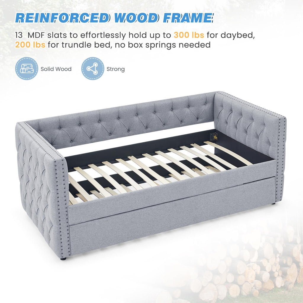 Linen Upholstered Twin Size Daybed with Trundle I67721