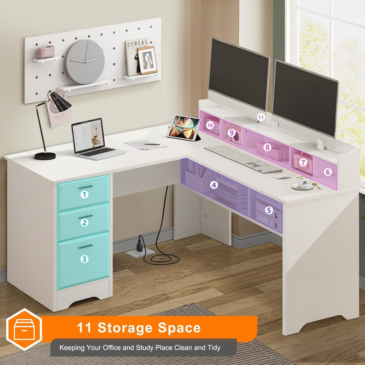 60" White L Shaped Desk with File Drawers K421