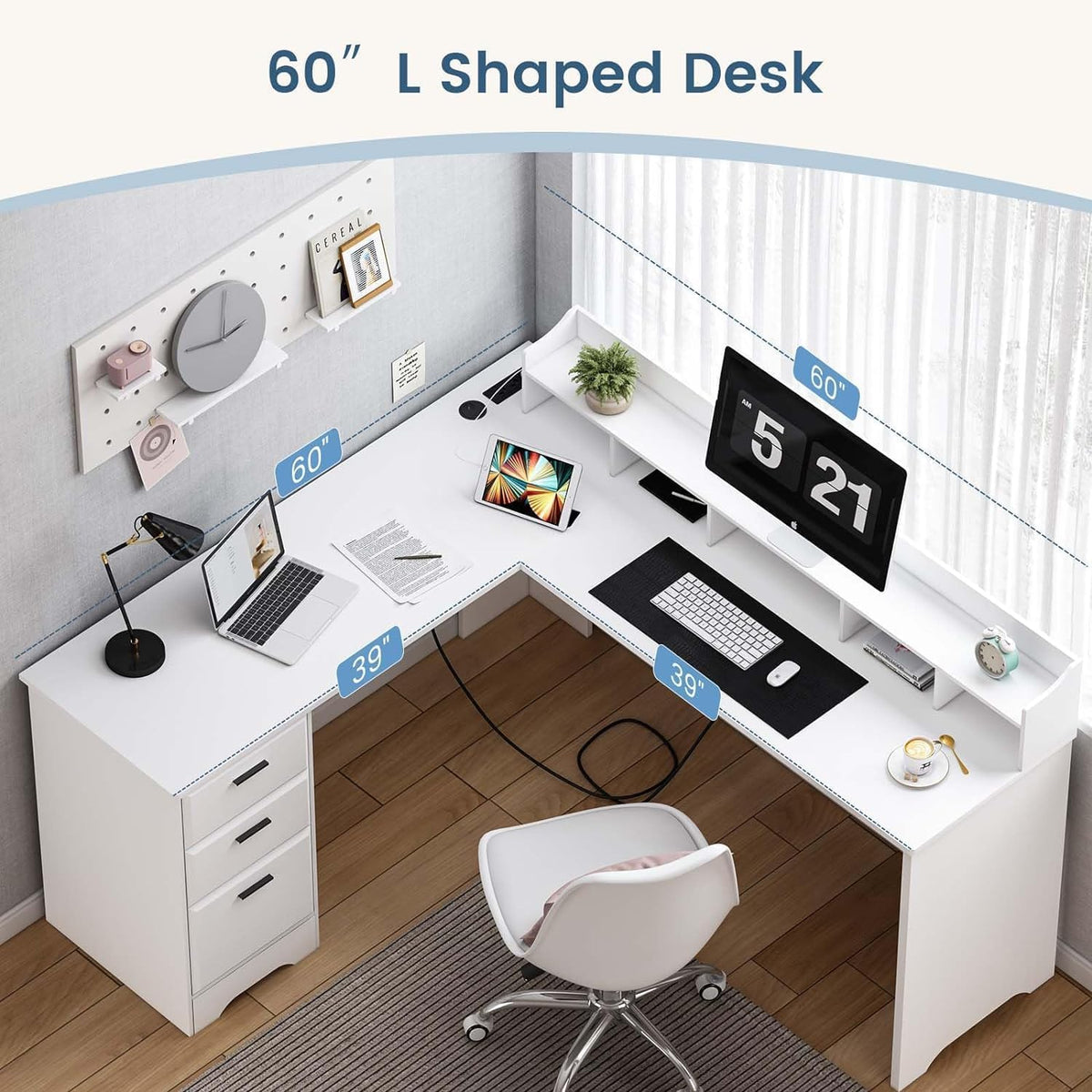 60" White L Shaped Desk with File Drawers K421