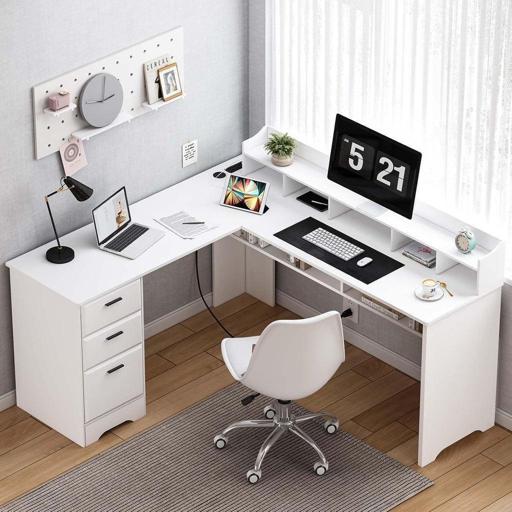 60" White L Shaped Desk with File Drawers K421