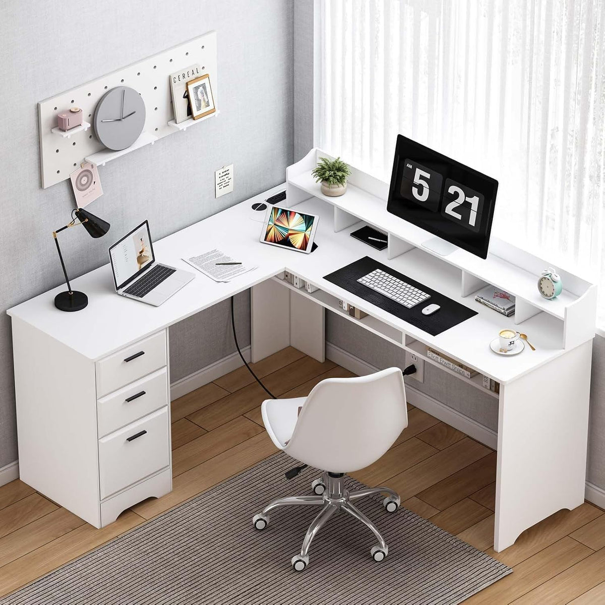 60" White L Shaped Desk with File Drawers K421