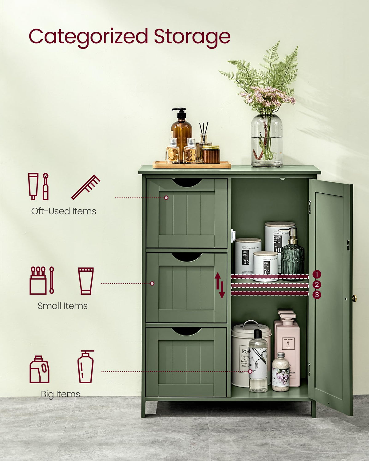 Forest Green 3 Drawer Bathroom Floor Storage Cabinet L64665