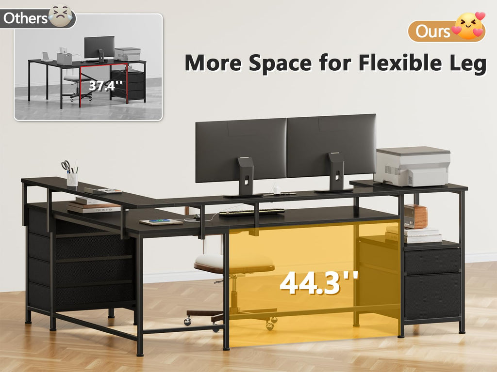 66'' L Shaped Gaming Desk with 6 Drawers, LED, Outlets, Black I52942