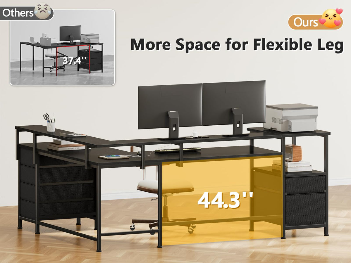 66'' L Shaped Gaming Desk with 6 Drawers, LED, Outlets, Black I52942