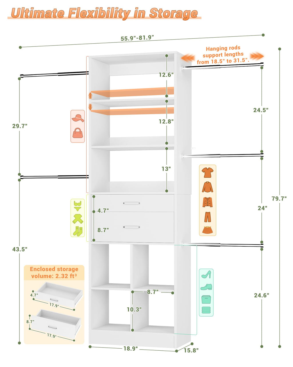 Small Closet System with 2 Wooden Drawers & 5 Hanging Rods, White B79427