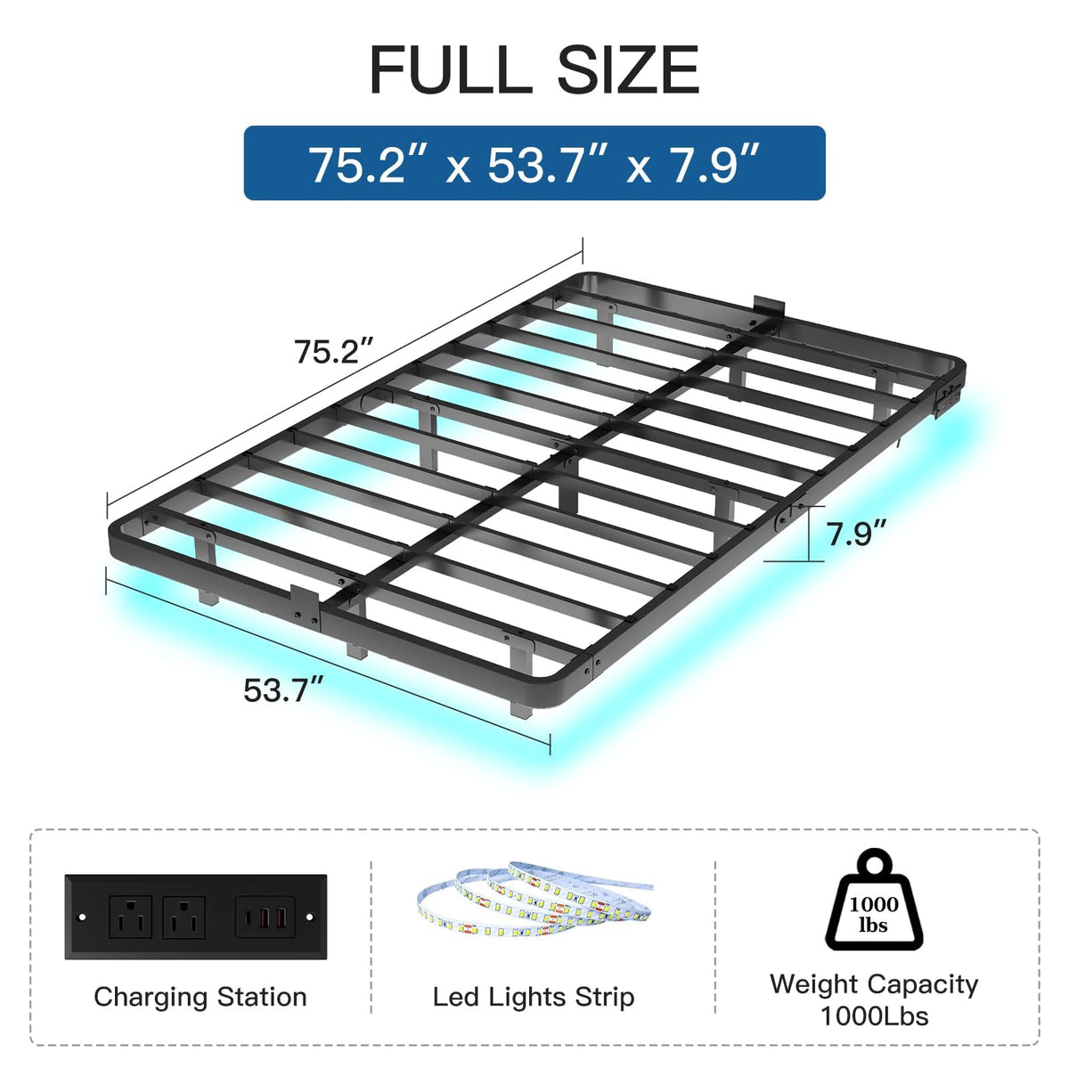 Full Size Floating Platform Bed Frame with LED Lights & Charging Station N598161