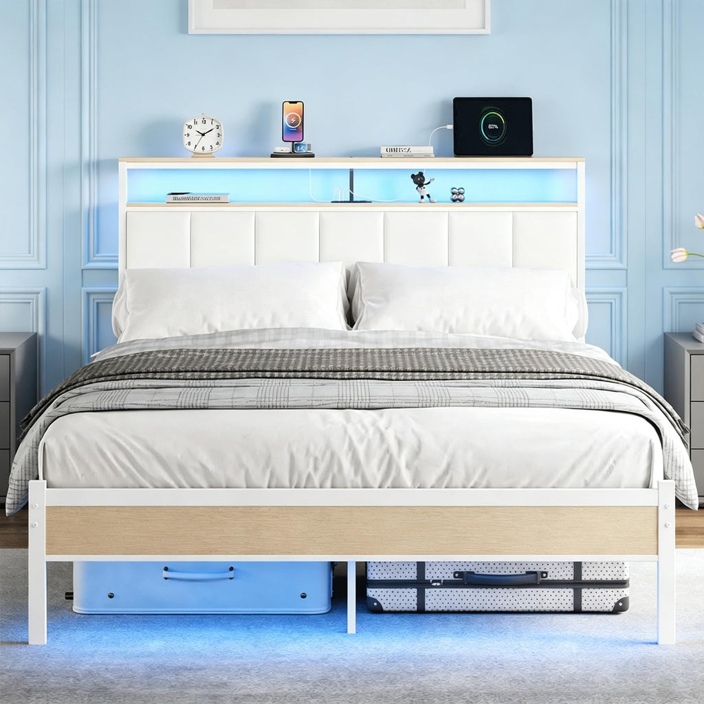 White Full Size Upholstered Platform Bed Frame with LED Lights and Storage Shelf S6439