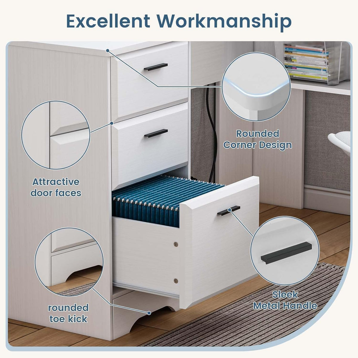 60" White L Shaped Desk with File Drawers K421