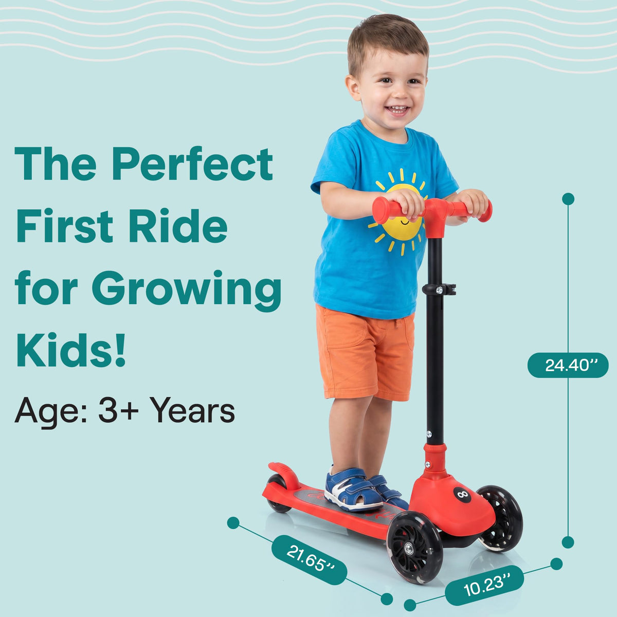 Foldable 3 Wheel Scooter with LED Wheels, Adjustable Handlebar, Red V564765