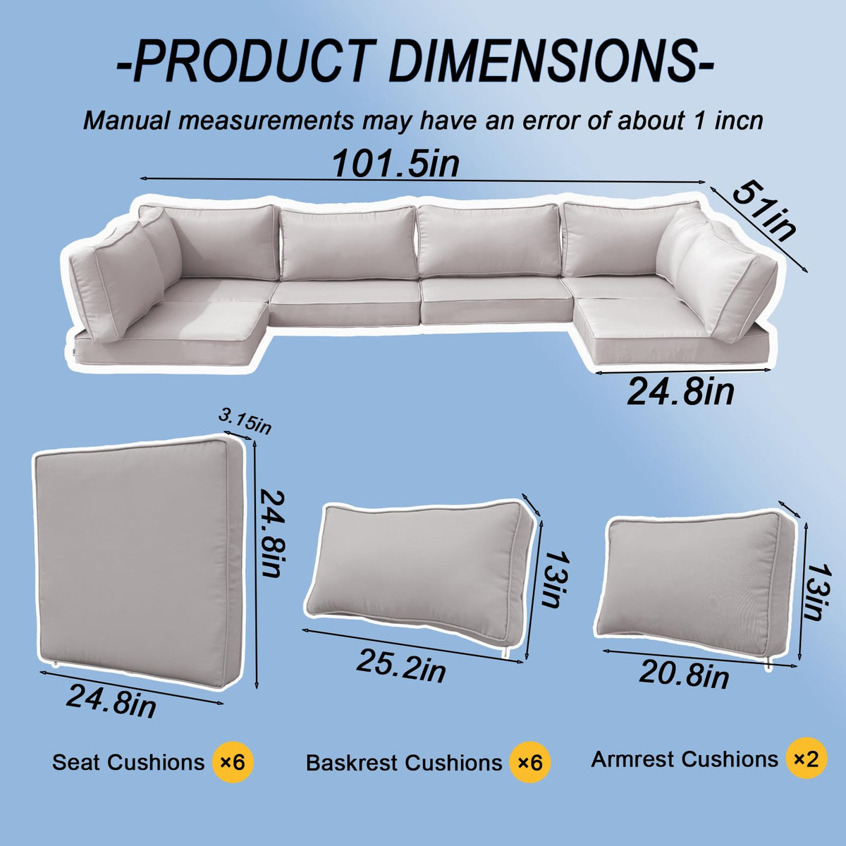 14 Piece Waterproof Outdoor Sofa Cushion Replacement with Zippers N1344