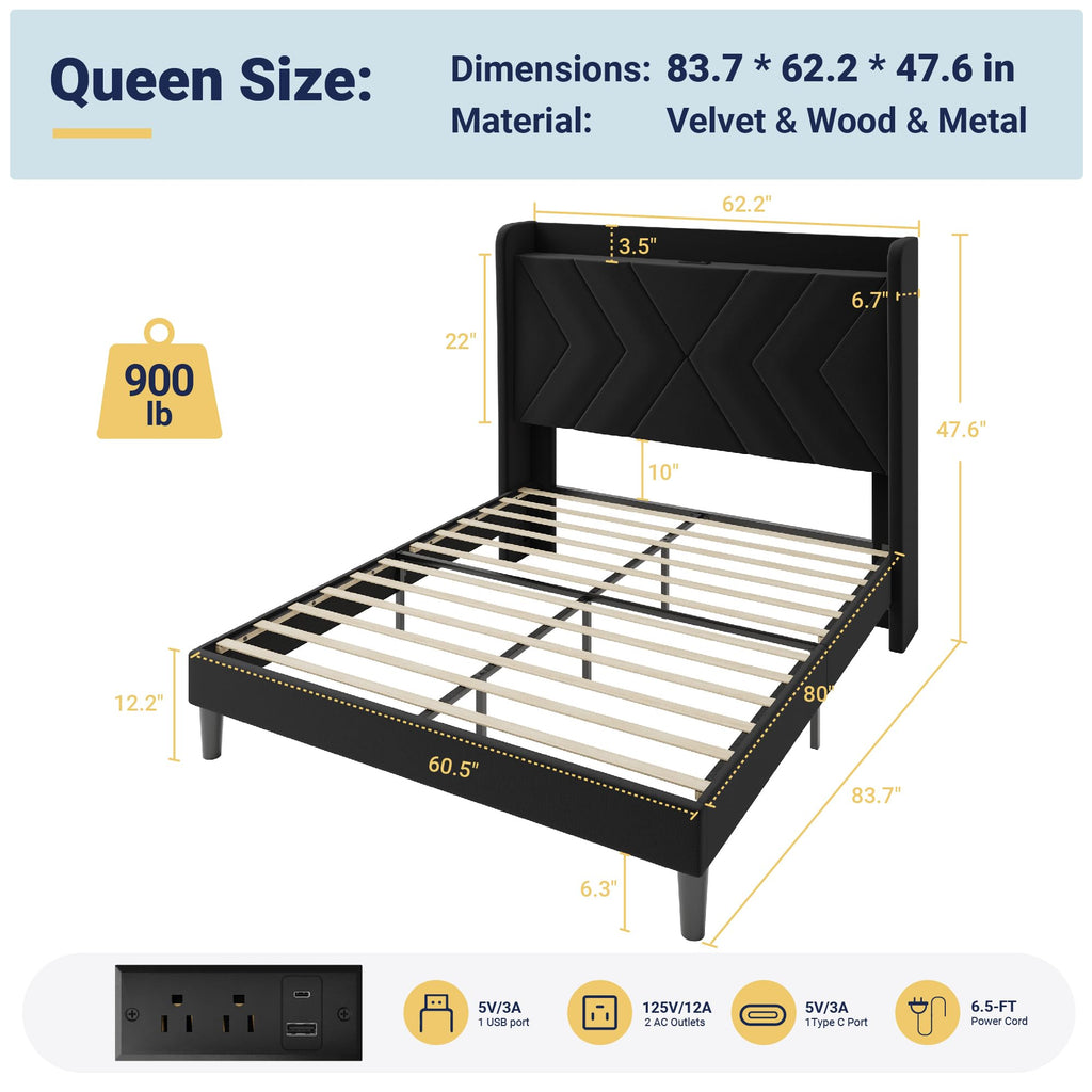 Queen Size Black Velvet Bed Frame with Charging and Shelf W5271