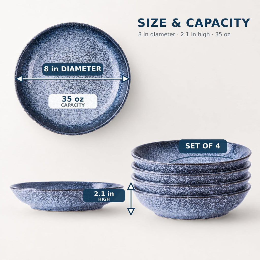 8-Inch Ceramic Pasta Bowls, Set of 4, Blue Glaze V155655