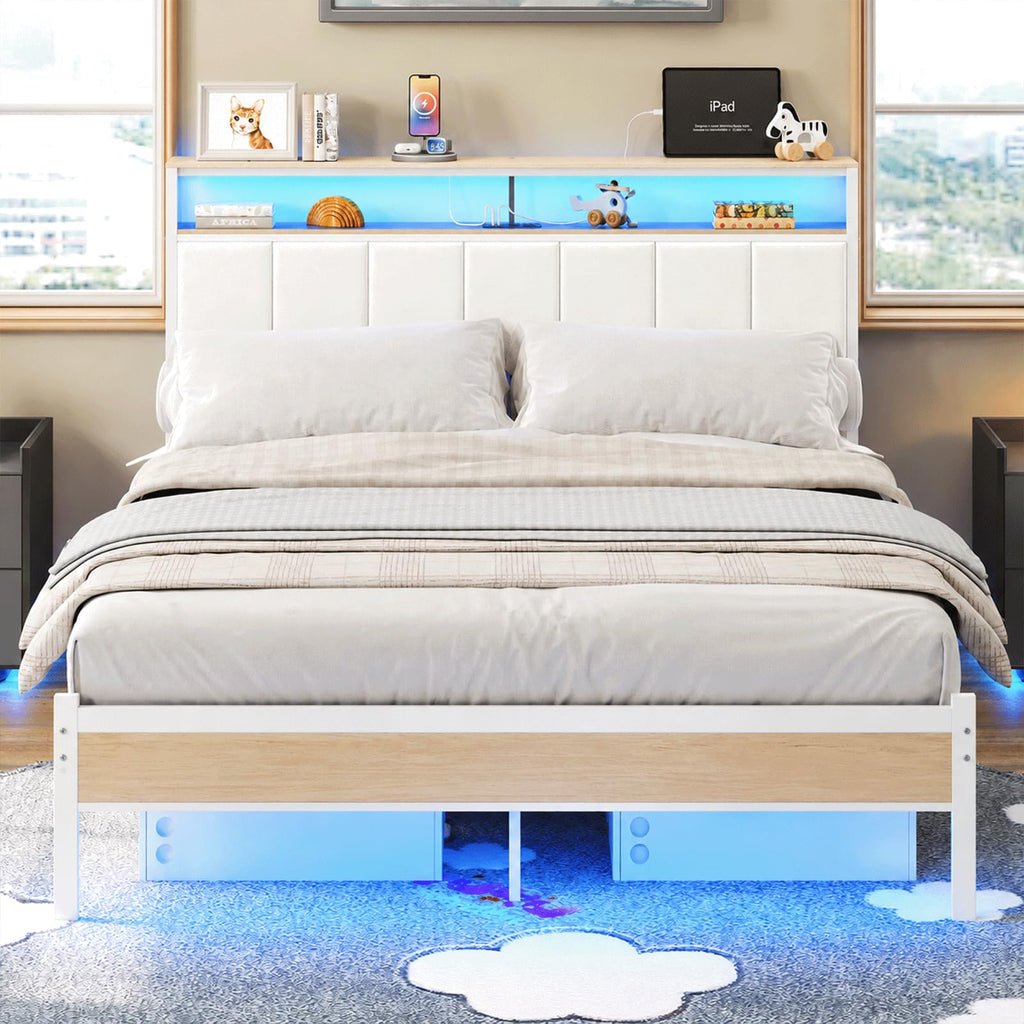 White Full Size Upholstered Platform Bed Frame with LED Lights and Storage Shelf S6439