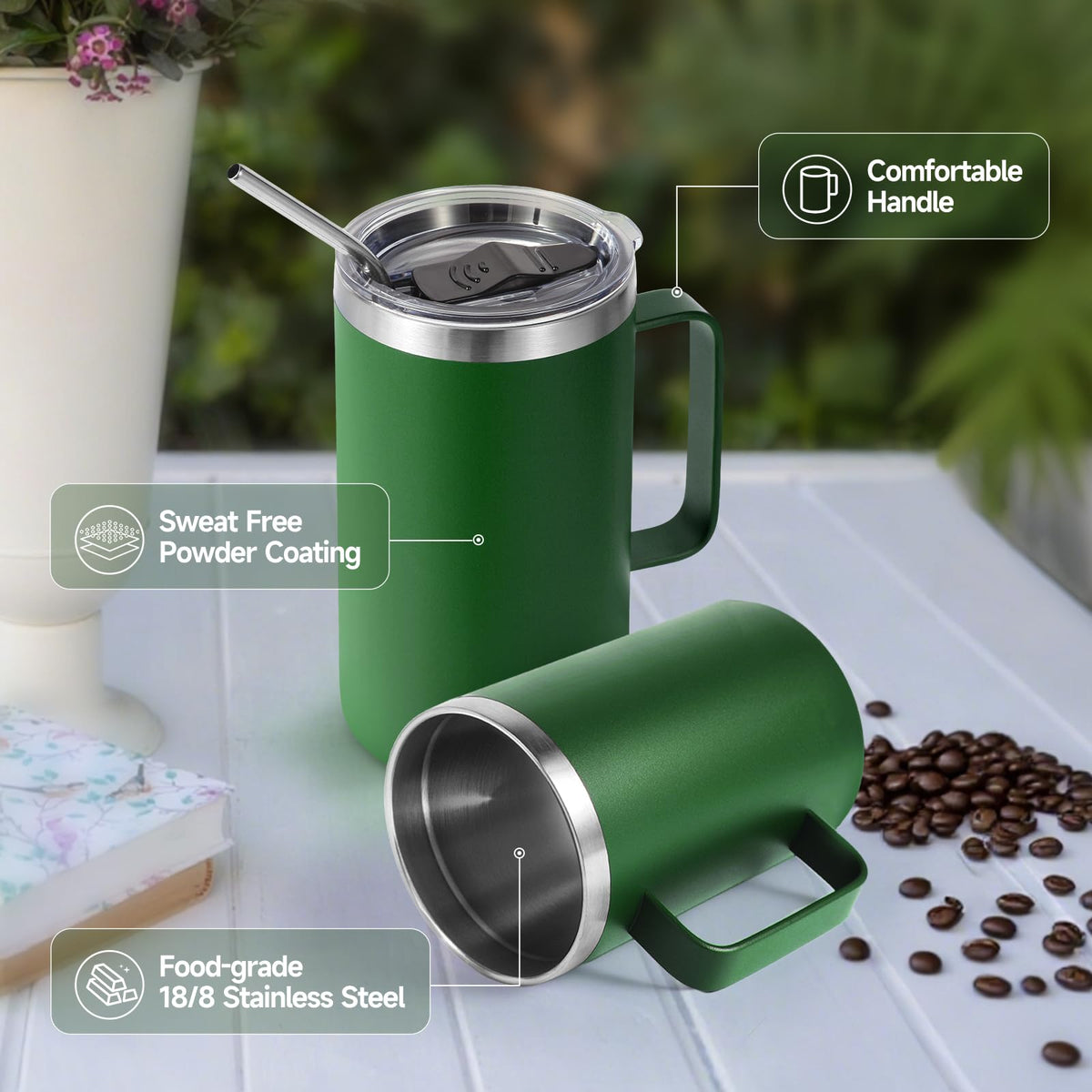 16oz Insulated Stainless Steel Coffee Mug with Lid and Straw N864