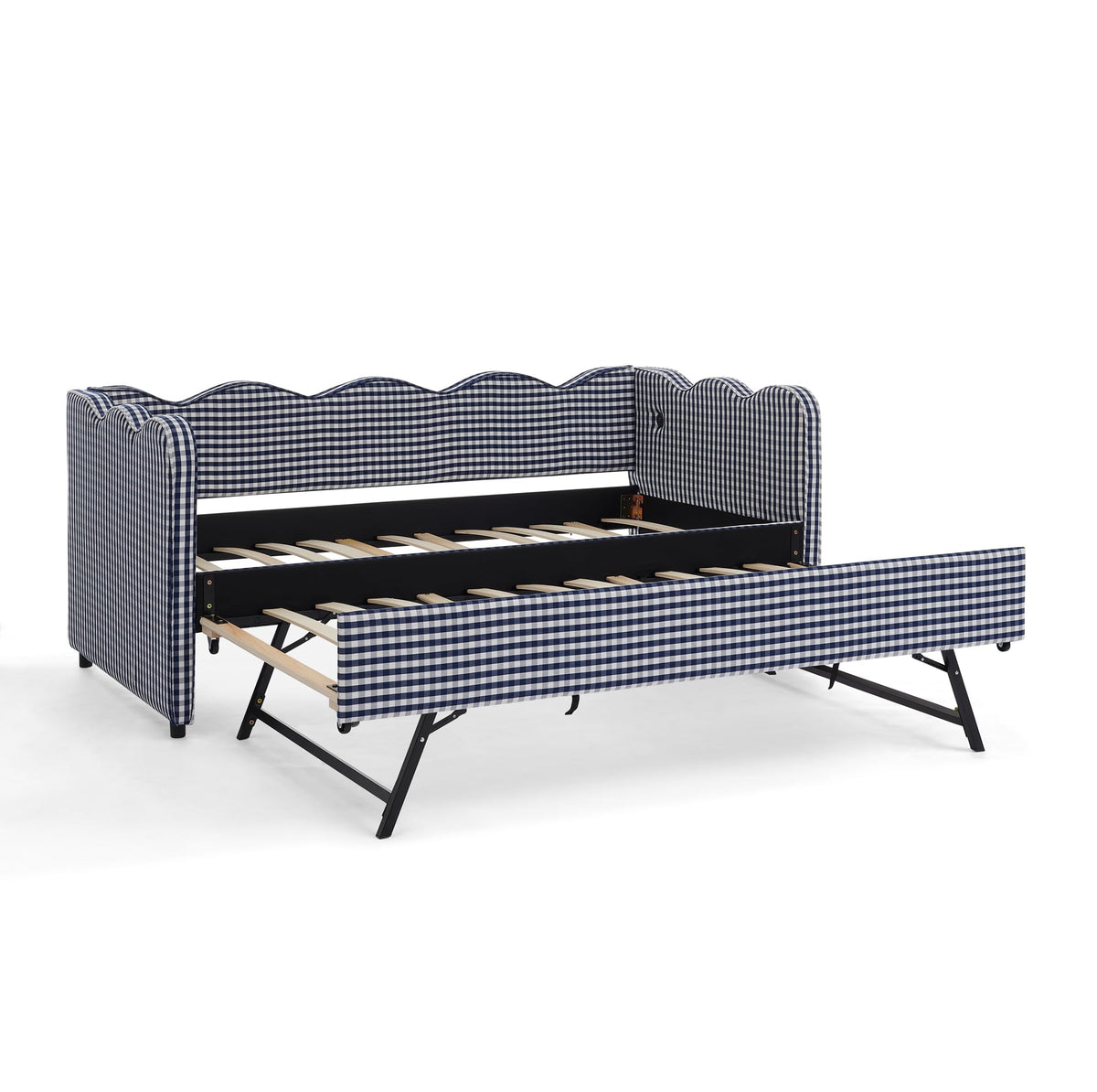 Navy Gingham Linen Upholstered Twin Size Daybed with Trundle R5926