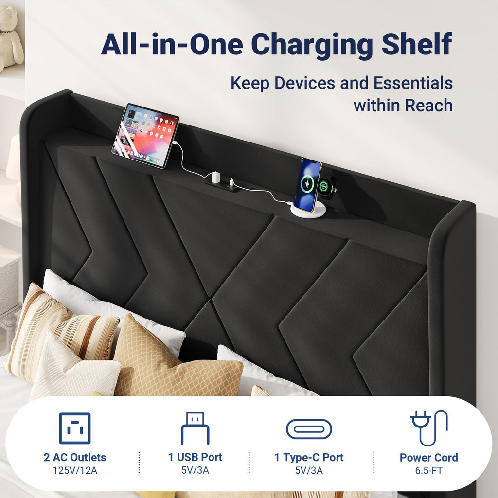 Queen Size Black Velvet Bed Frame with Charging and Shelf W5271