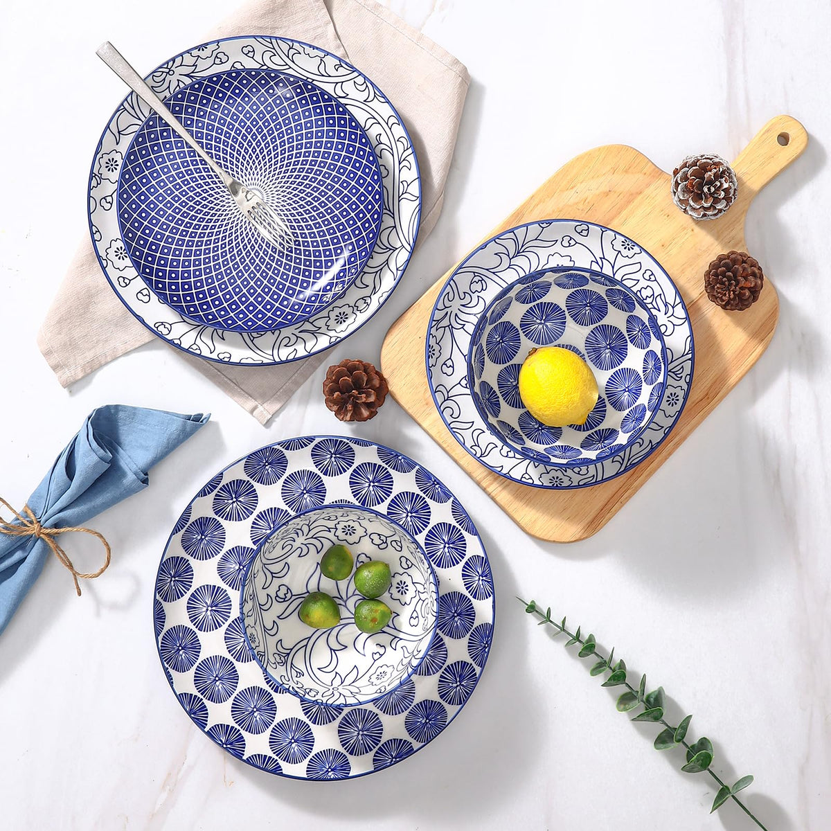 Ceramic Plates and Bowls Set, 12 Pieces Dinnerware Set for 4 G416